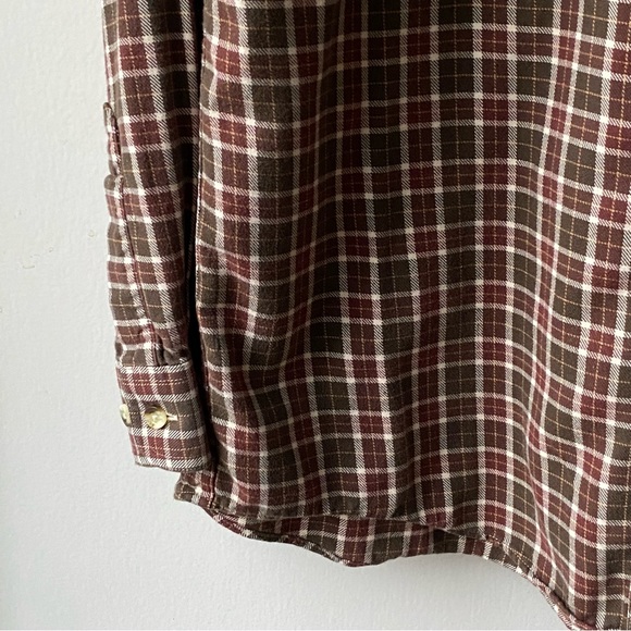 LL Bean cotton Shirt Size Medium Long ML brown plaid burgundy red Button Down - Picture 15 of 16